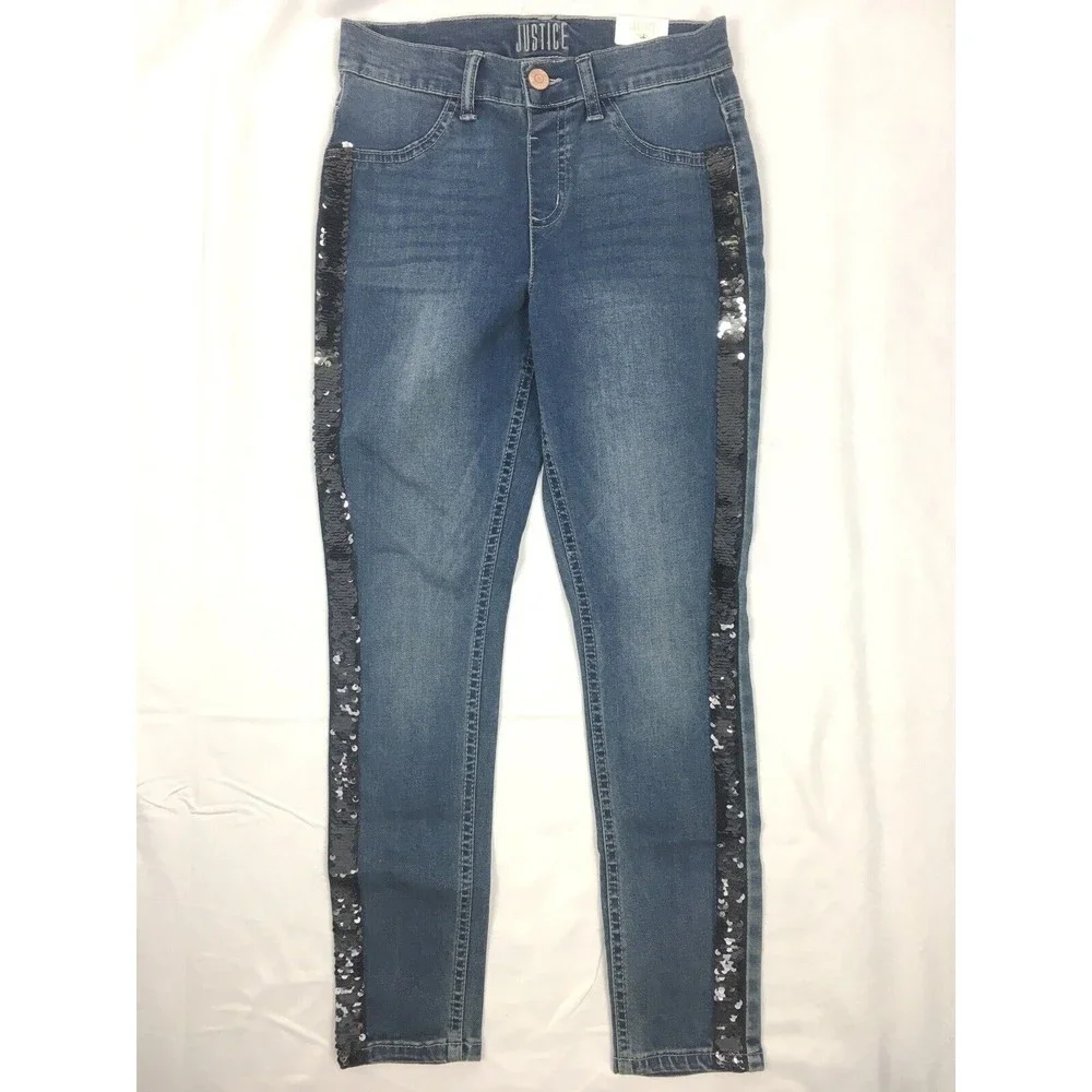 NWT Justice Girl Size 10 Plus Denim Jegging High Rise Tuxedo Sequins